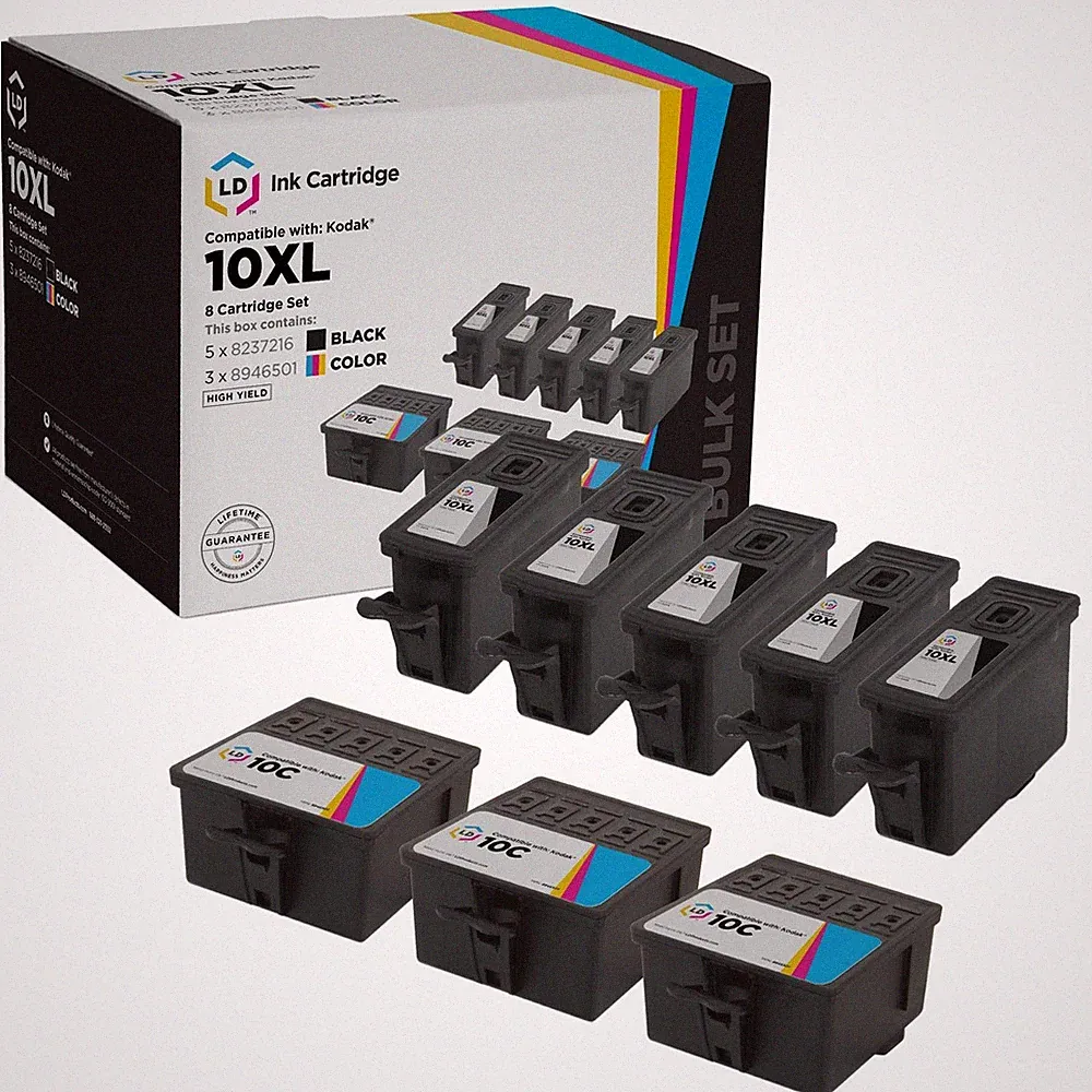 LD 8 Pack 8237216 10XL Black Color Ink Cartridge Set for Kodak Printer