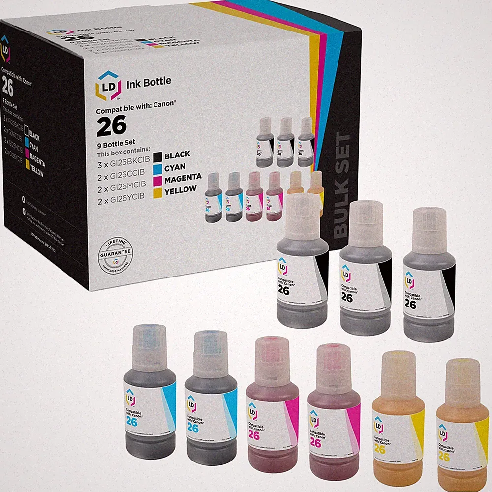 LD Ink Bottle Replacement for Canon GI-26 / GI26 (3 B, 2 C, 2 M, 2 Y, 9-Pack)
