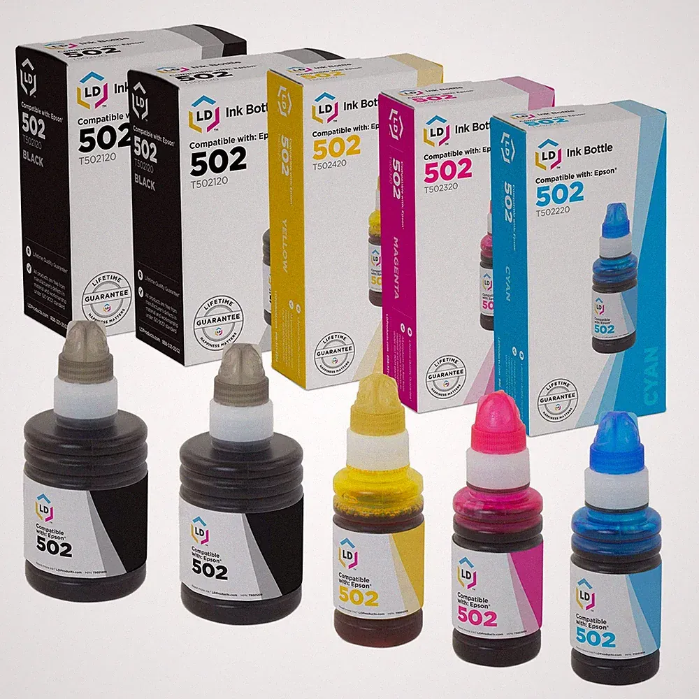 LD Replacement for Epson 502 Ink Bottle Set: 2 Black, 1 Cyan, 1 Magenta 1 Yellow