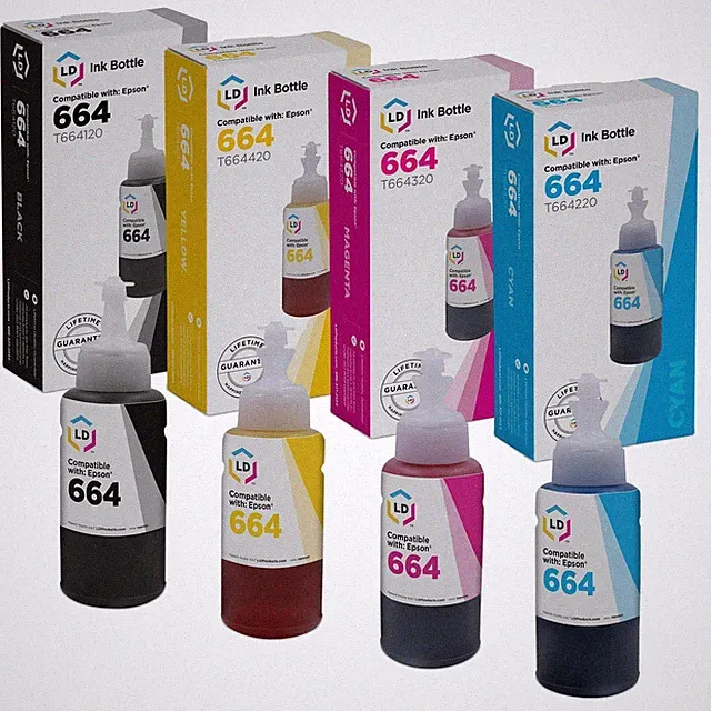 LD Replacement for Epson 664 Ultra HY Ink Bottles 4PK Black Cyan Magenta Yellow