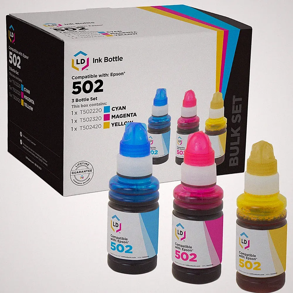 LD Replacement for Replacements for Epson 502 Ink Bottles: Cyan, Magenta, Yellow