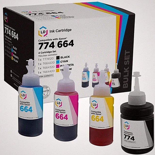 LD Replacements for Epson 774 Black / 664 Cyan Magenta Yellow Ink Bottles 4PK